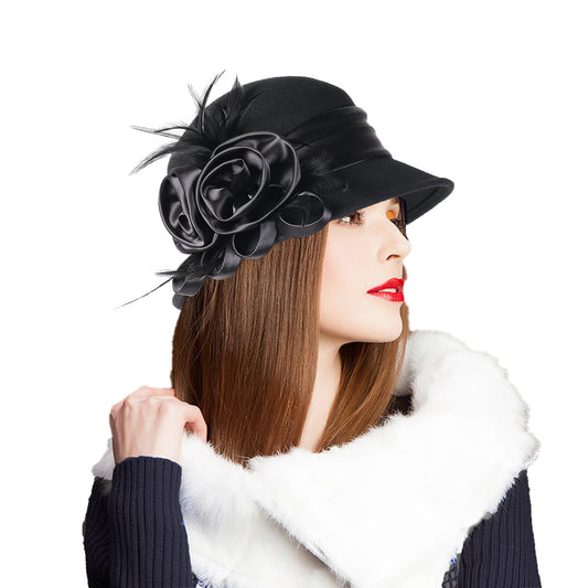FADVES Vintage 1920s Wool Cloche Hat Black Elegant Floral Feather Church Fascinator Hat Derby Dress Hat with Satin Rose Embellishment 8009