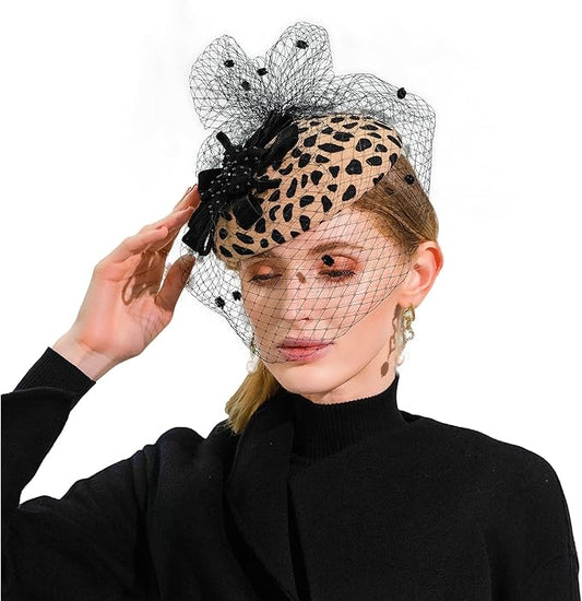 FADVES Vintage Wool Felt Fascinator Hat with Black Floral Accent and Veil, Leopard Pattern, Kentucky, Wedding, Tea Party,Derby Headpiece 5058