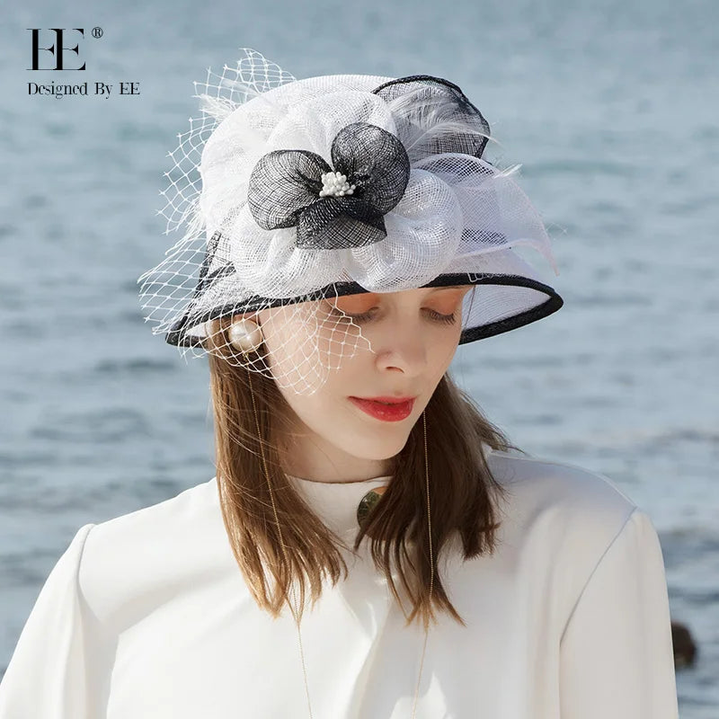 EE 1004 Spring and Summer/Fascinator/Delicate/Floral/Veil/pearls/Elegant/Sinamay/Party/Ladies Day/Tulle Fabric Hats Headpiece