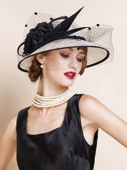Women's Wide Brim Sinamay Fascinators With Flower/Veil/Faux Feather Kentucky Derby Church Hats