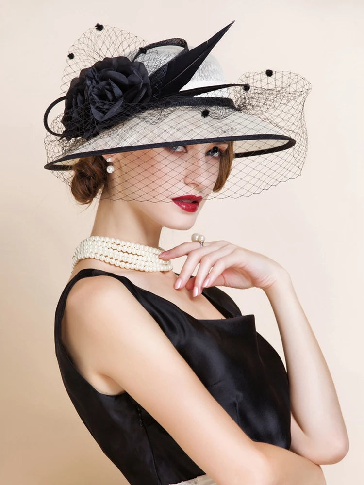 Women's Wide Brim Sinamay Fascinators With Flower/Veil/Faux Feather Kentucky Derby Church Hats