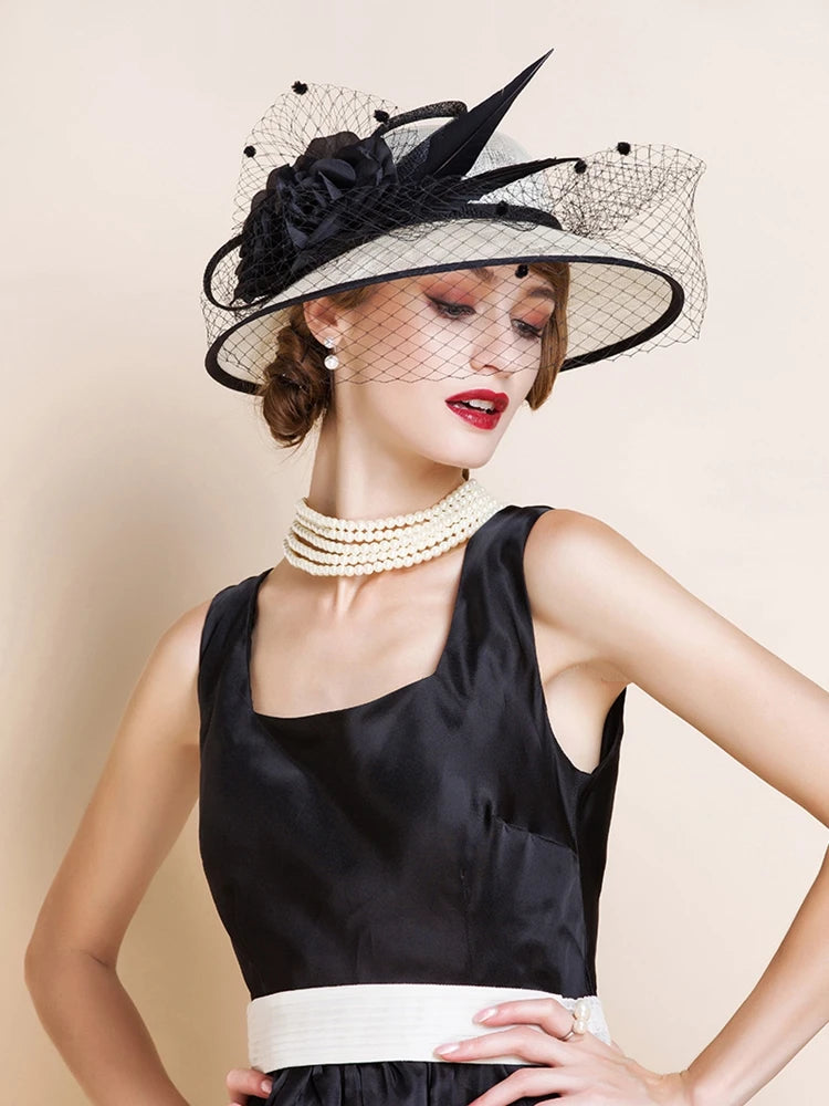 Women's Wide Brim Sinamay Fascinators With Flower/Veil/Faux Feather Kentucky Derby Church Hats