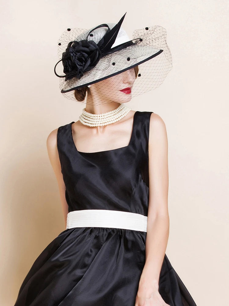 Women's Wide Brim Sinamay Fascinators With Flower/Veil/Faux Feather Kentucky Derby Church Hats
