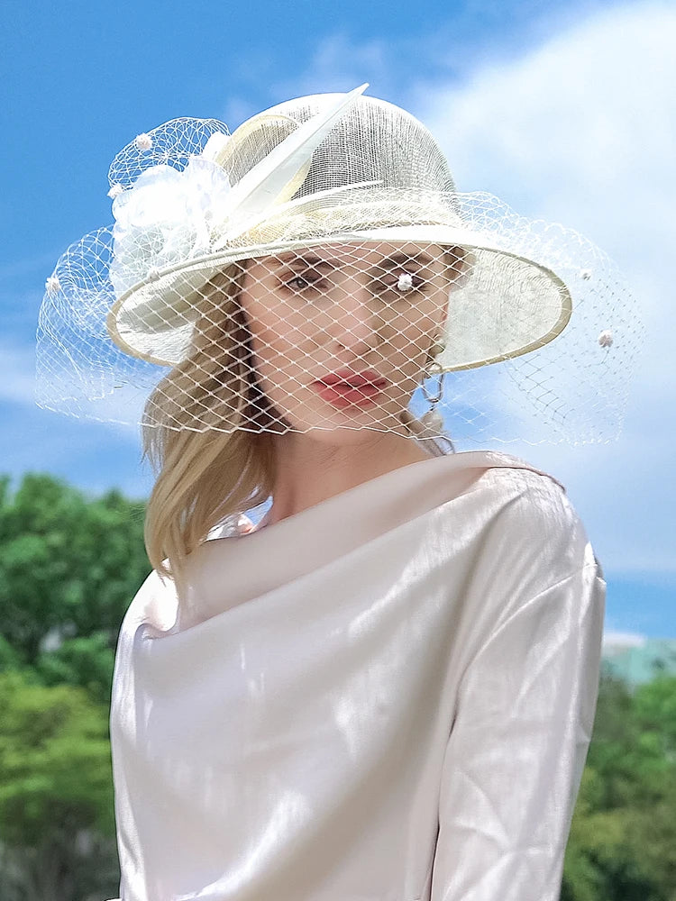 Women's Wide Brim Sinamay Fascinators With Flower/Veil/Faux Feather Kentucky Derby Church Hats