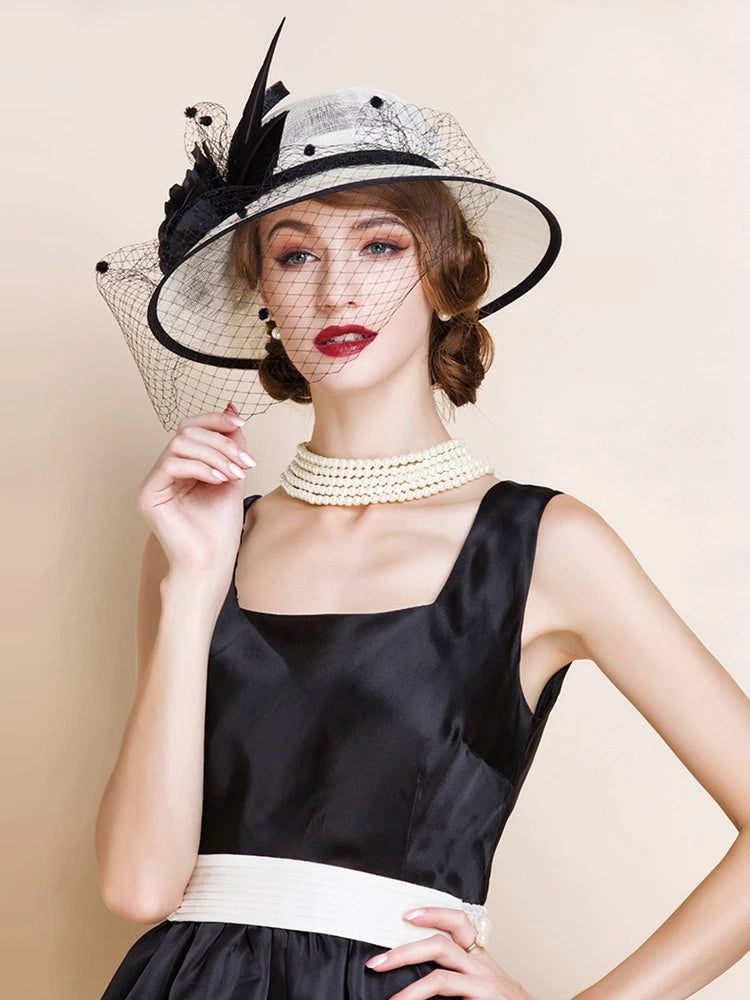 Women's Wide Brim Sinamay Fascinators With Flower/Veil/Faux Feather Kentucky Derby Church Hats