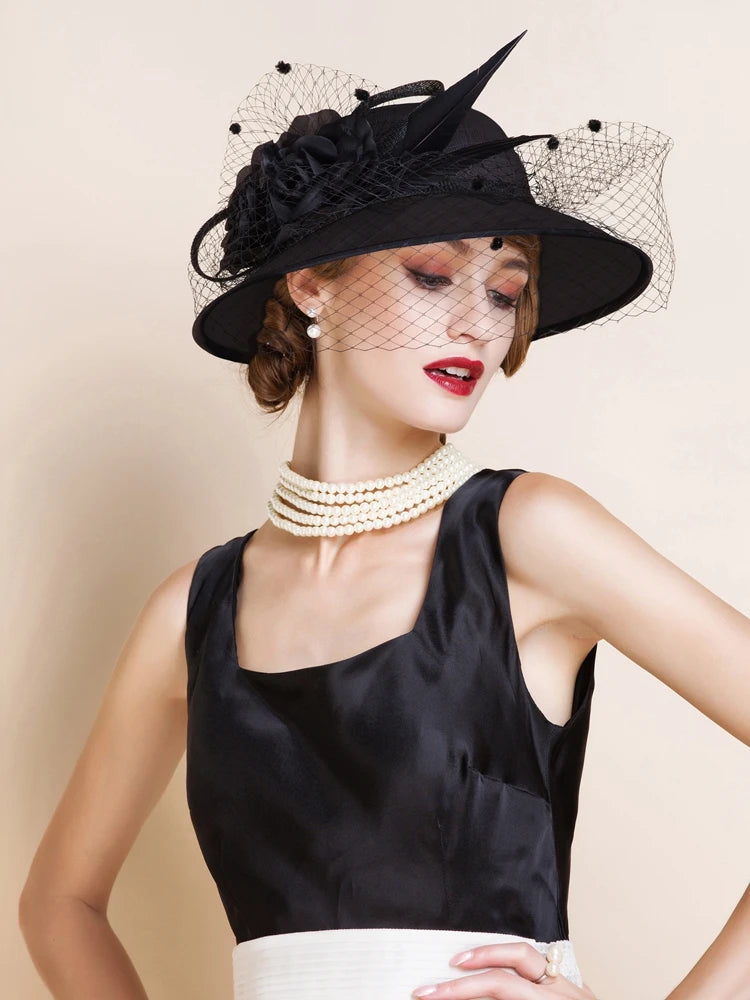 Women's Wide Brim Sinamay Fascinators With Flower/Veil/Faux Feather Kentucky Derby Church Hats