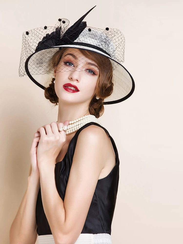 Women's Wide Brim Sinamay Fascinators With Flower/Veil/Faux Feather Kentucky Derby Church Hats