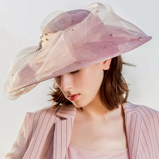 EE 1027 British Big Eaves Dome Linen Hat Female Elegant Diamond Decoration Yarn Hat