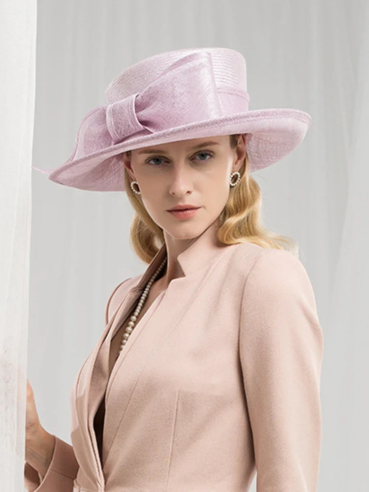 British Kentucky Derby Hats - Wide Brim High Top Bowknot Church Hats Sinamay Fascinators for Women 1137