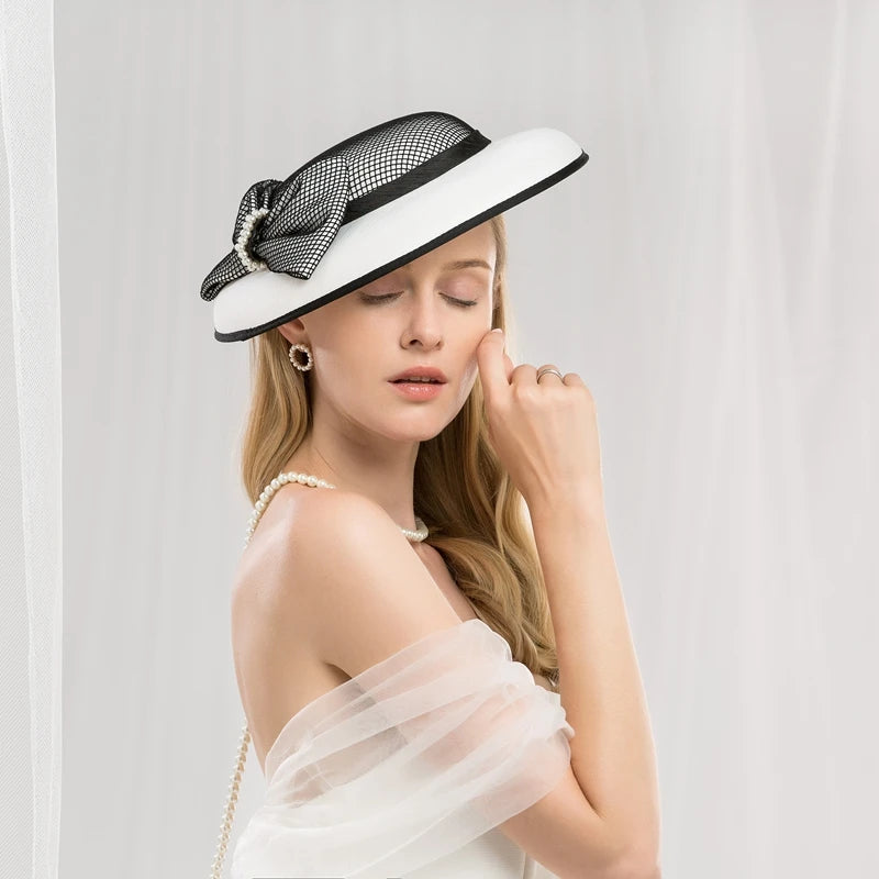 Hats Headwear Fiber Beret Hat Sun Hat Saucer Hat Wedding Tea Party Elegant Wedding With Bowknot Pearls Headpiece Headwear