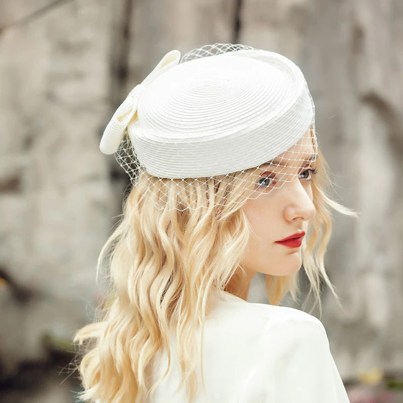 FADVES Vintage Pillbox Hat with Veil Fascinators for Women Tea Party Straw Headband Mardi Gras Cocktail Hat Weddings