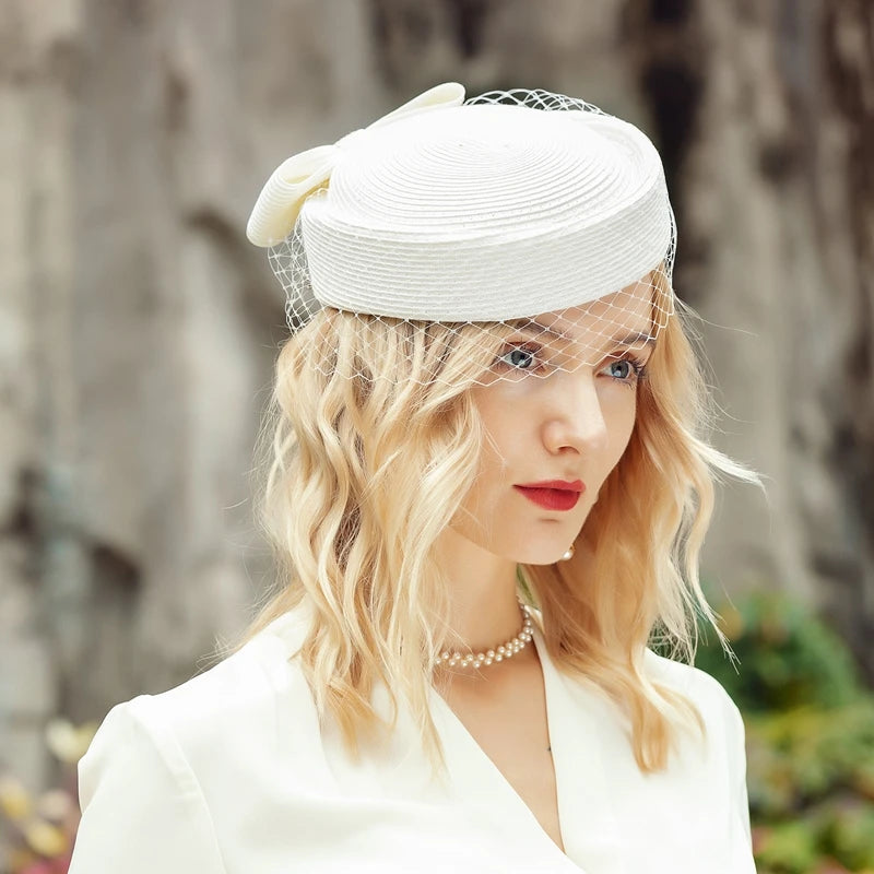 FADVES Vintage Pillbox Hat with Veil Fascinators for Women Tea Party Straw Headband Mardi Gras Cocktail Hat Weddings