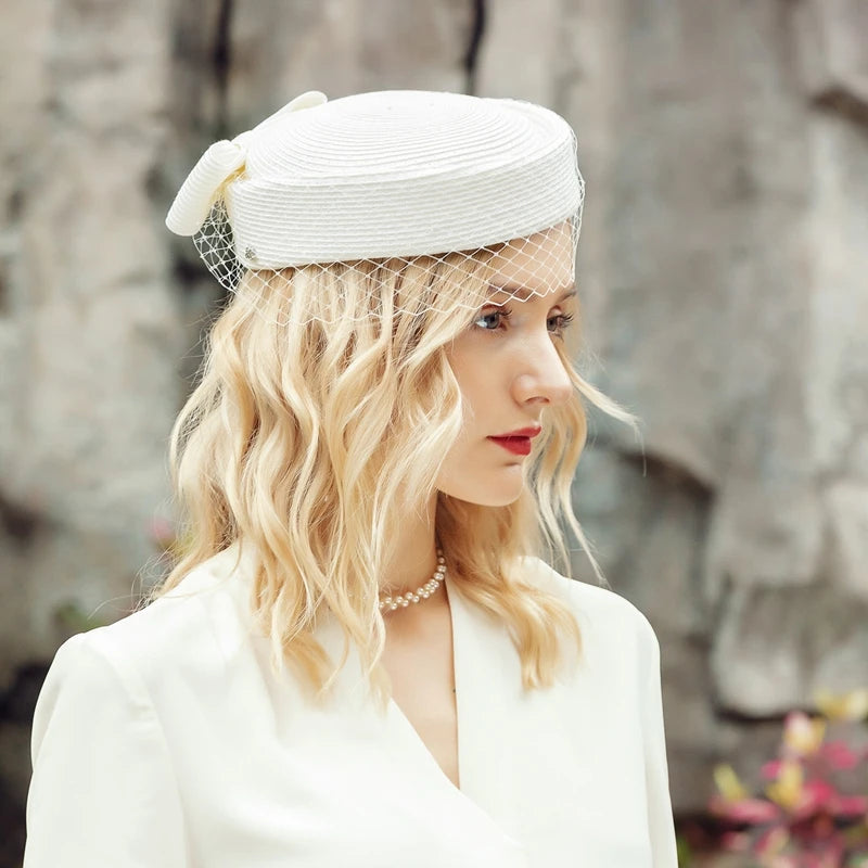 FADVES Vintage Pillbox Hat with Veil Fascinators for Women Tea Party Straw Headband Mardi Gras Cocktail Hat Weddings