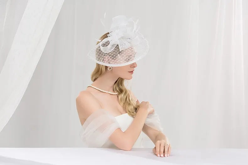 EE 2213  a party hat with a thin hair hoop bowknot feathers set auger royal elder sister female fan hat