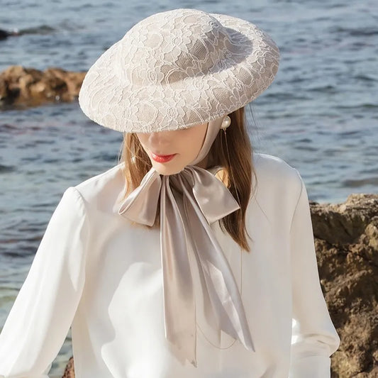 Elegant Lace Wide Brim Sun Hat, Victorian Style, Kentucky Derby Fashion, Women's Special Occasion Headwear with Neck Scarf 2218
