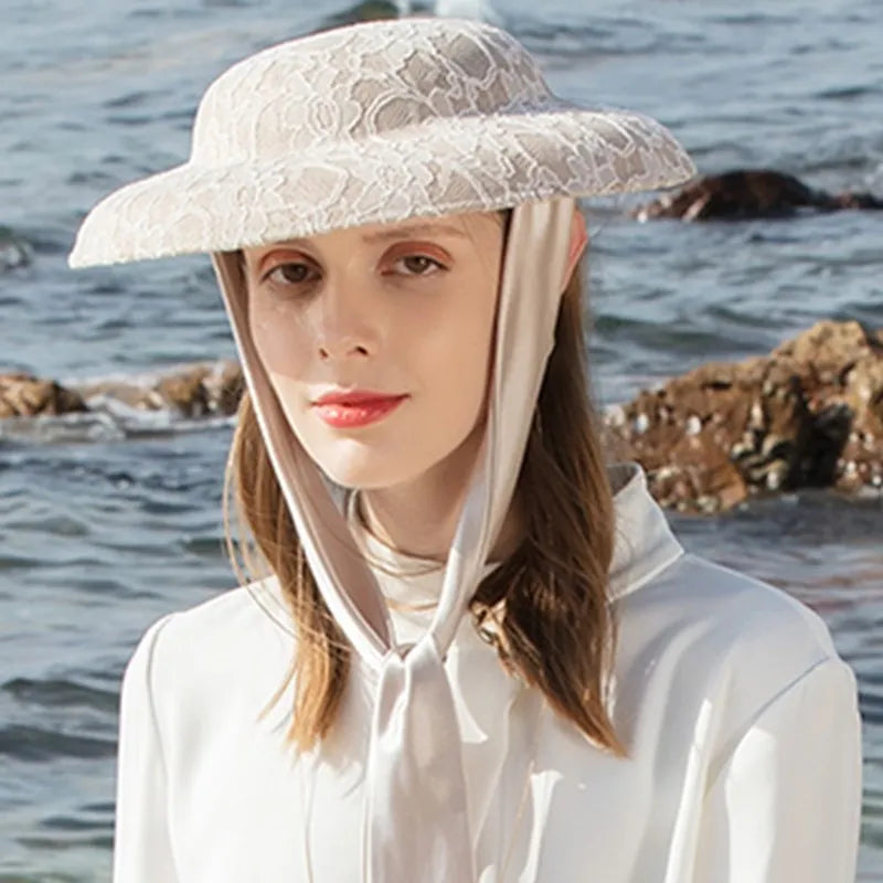 Elegant Lace Wide Brim Sun Hat, Victorian Style, Kentucky Derby Fashion, Women's Special Occasion Headwear with Neck Scarf 2218