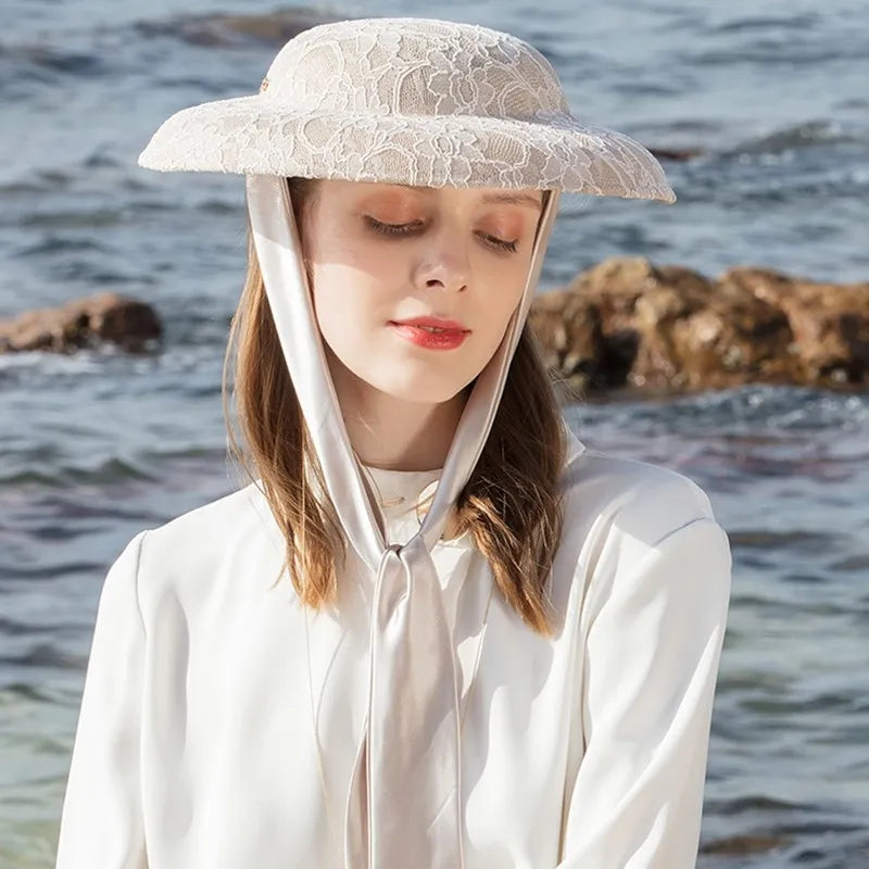 Elegant Lace Wide Brim Sun Hat, Victorian Style, Kentucky Derby Fashion, Women's Special Occasion Headwear with Neck Scarf 2218