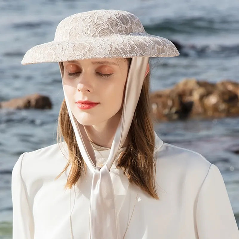 Elegant Lace Wide Brim Sun Hat, Victorian Style, Kentucky Derby Fashion, Women's Special Occasion Headwear with Neck Scarf 2218