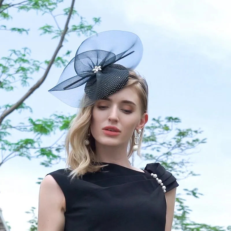 FADVES Fascinators Kentucky Derby Hat Tulle Feathers Top Hat Veil Hat Tea Party Cocktail Elegant Wedding With Rhinestone Feather Headpiece Headwear