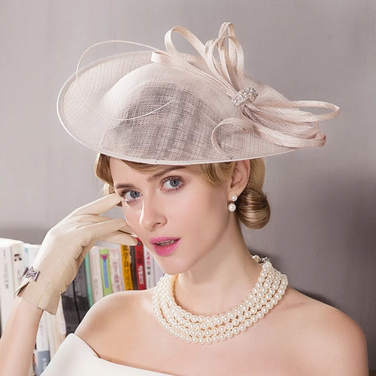 FADVES Women's Sinamay With Bowknot/Rhinestone Kentucky Derby Saucer Hats/Fascinators With Headband