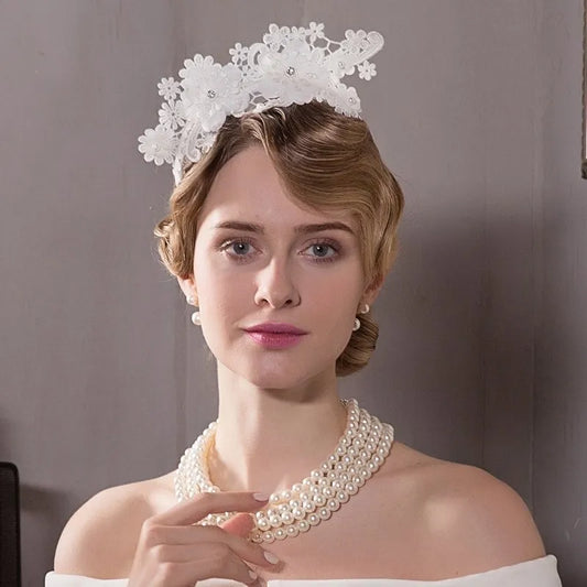 FADVES Elegant White Floral Lace Fascinator Headband with Crystal Accents, Wedding Hair Accessory, Bridal Headpiece 2232