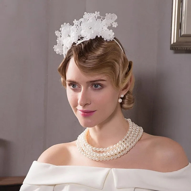 FADVES Elegant White Floral Lace Fascinator Headband with Crystal Accents, Wedding Hair Accessory, Bridal Headpiece 2232