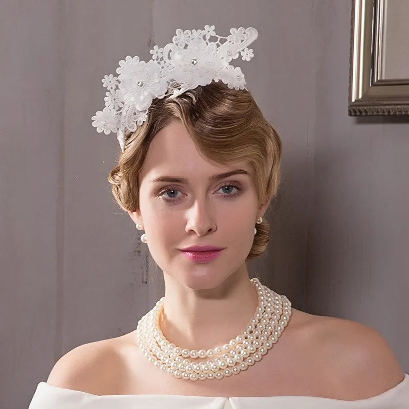 FADVES Elegant White Floral Lace Fascinator Headband with Crystal Accents, Wedding Hair Accessory, Bridal Headpiece 2232