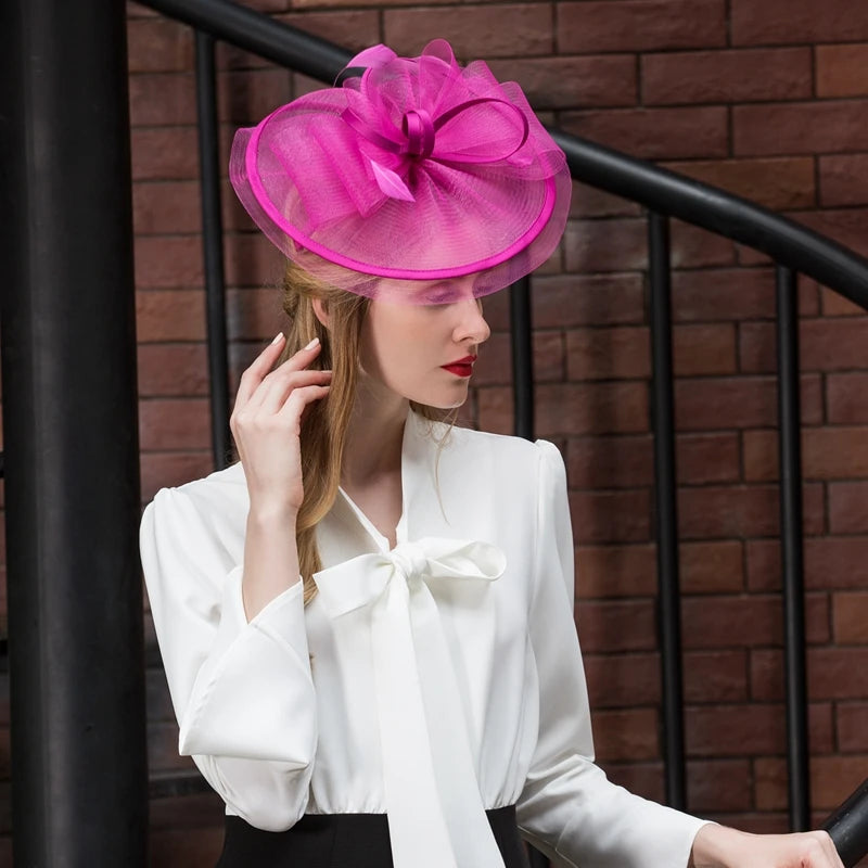 FADVES Fascinators Kentucky Derby Hat Tulle Net Saucer Hat Top Hat Tea Party Elegant Wedding With Feather Bowknot Headpiece Headwear