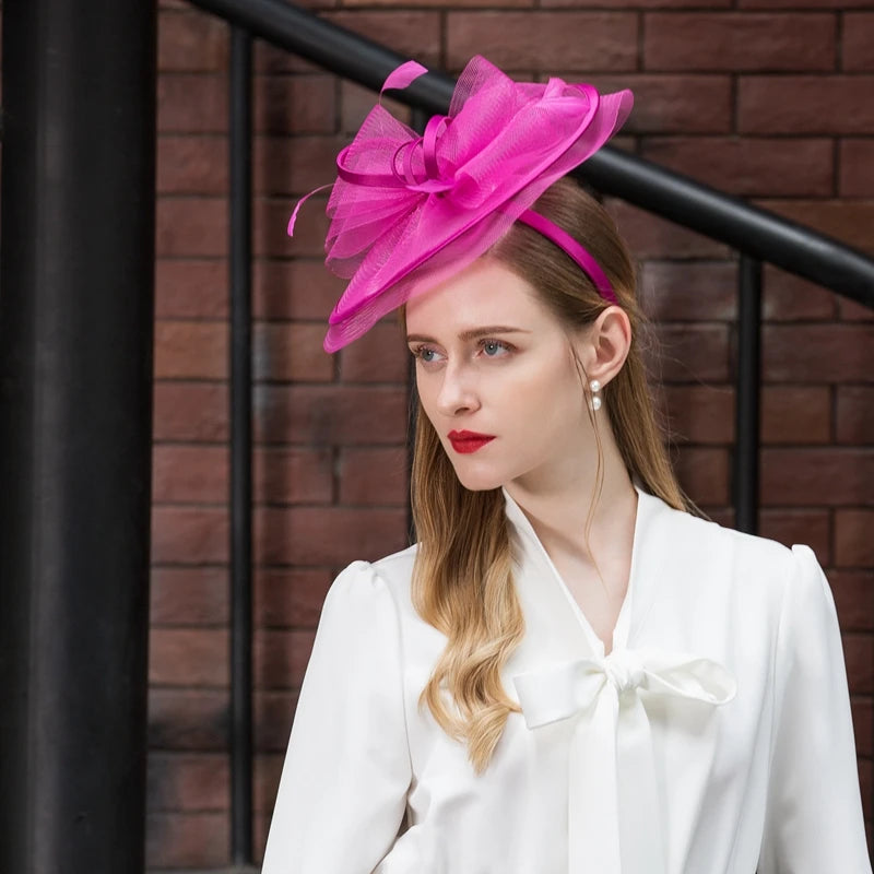 FADVES Fascinators Kentucky Derby Hat Tulle Net Saucer Hat Top Hat Tea Party Elegant Wedding With Feather Bowknot Headpiece Headwear