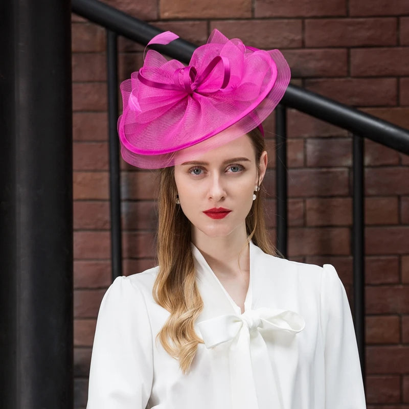 FADVES Fascinators Kentucky Derby Hat Tulle Net Saucer Hat Top Hat Tea Party Elegant Wedding With Feather Bowknot Headpiece Headwear