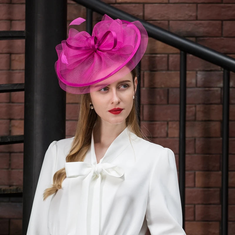 FADVES Fascinators Kentucky Derby Hat Tulle Net Saucer Hat Top Hat Tea Party Elegant Wedding With Feather Bowknot Headpiece Headwear