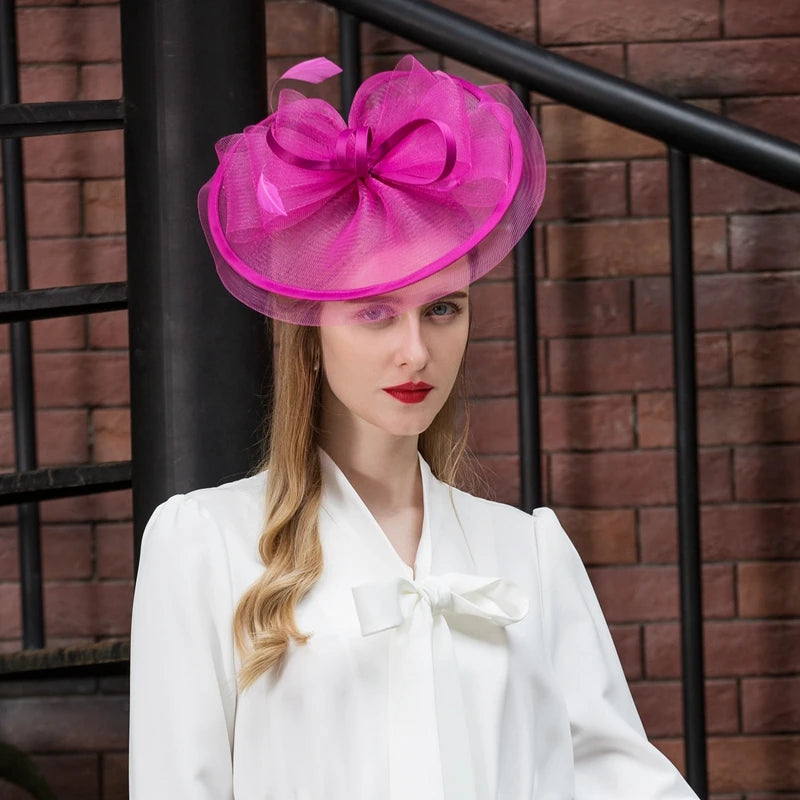 FADVES Fascinators Kentucky Derby Hat Tulle Net Saucer Hat Top Hat Tea Party Elegant Wedding With Feather Bowknot Headpiece Headwear