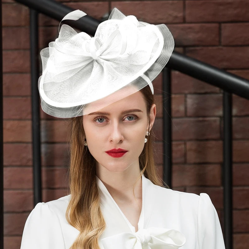 FADVES Fascinators Kentucky Derby Hat Tulle Net Saucer Hat Top Hat Tea Party Elegant Wedding With Feather Bowknot Headpiece Headwear