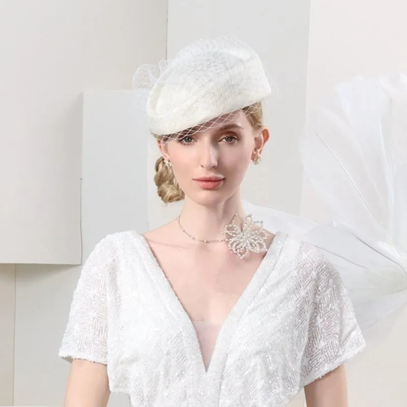 FADVES Hats Sinamay Saucer Hat Pillbox Hat Veil Hat Evening Party Cocktail Elegant British With Bowknot Tulle Headpiece Headwear