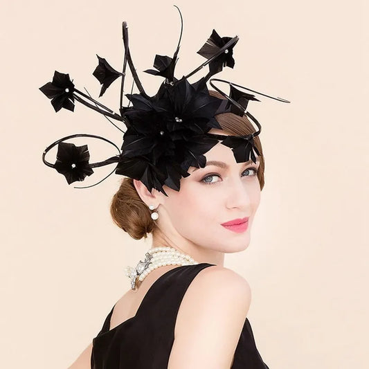 EE 2303  designer duds shows a hat, yarn homburg British elegant yarn feather hat