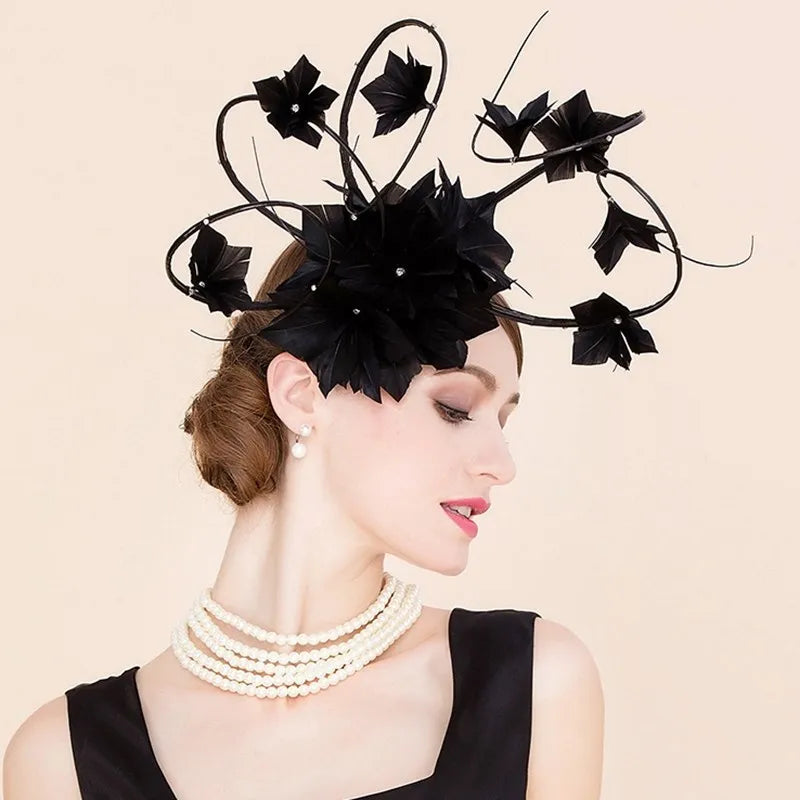 EE 2303  designer duds shows a hat, yarn homburg British elegant yarn feather hat