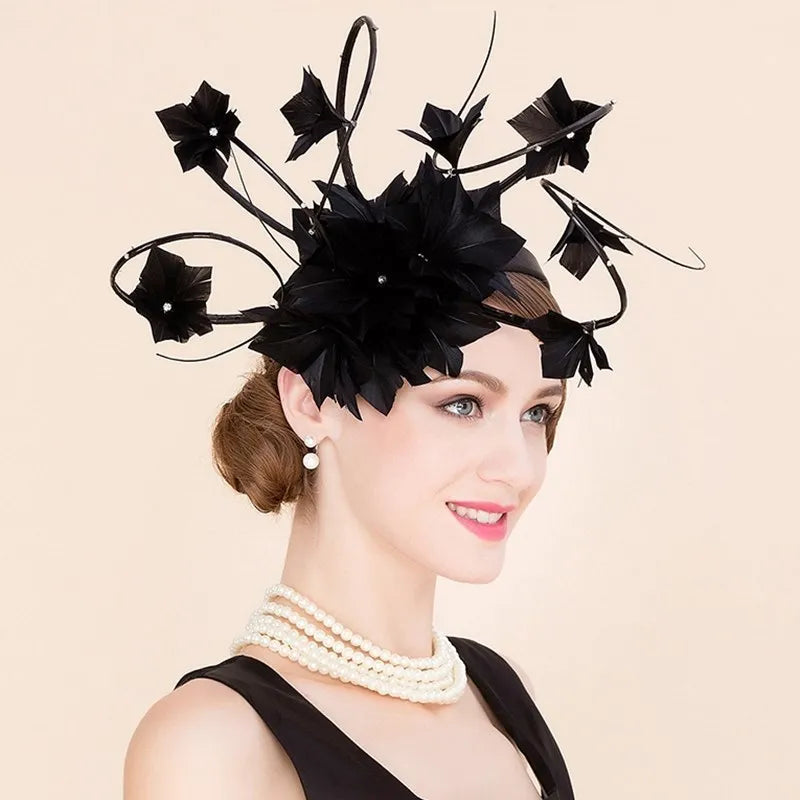 EE 2303  designer duds shows a hat, yarn homburg British elegant yarn feather hat