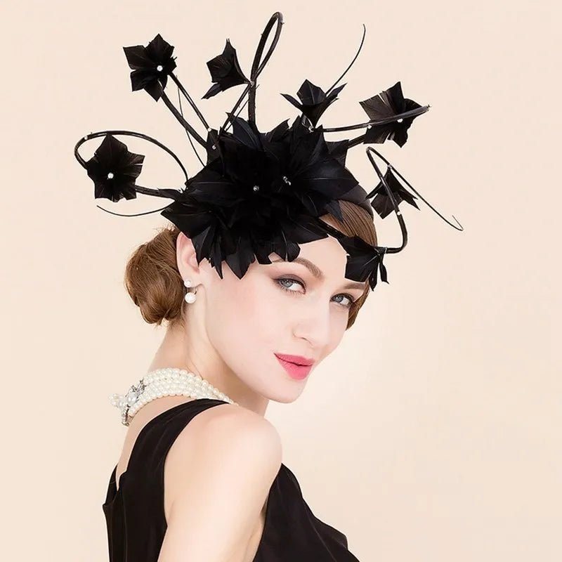 EE 2303  designer duds shows a hat, yarn homburg British elegant yarn feather hat