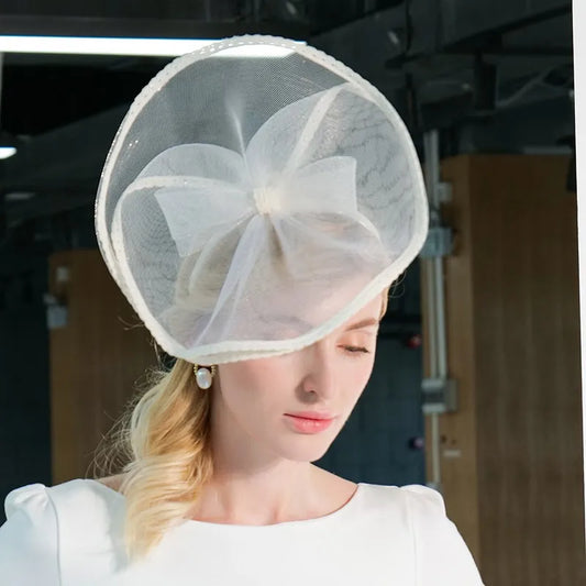 FADVES Elegant White Mesh Fascinator Hat with Bow, Wedding Church Tea Party Headband, Special Occasion Cocktail Headpiece 2334