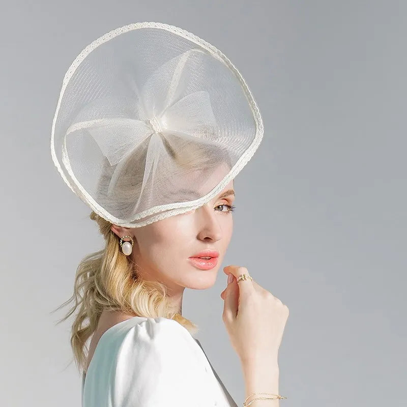 FADVES Elegant White Mesh Fascinator Hat with Bow, Wedding Church Tea Party Headband, Special Occasion Cocktail Headpiece 2334