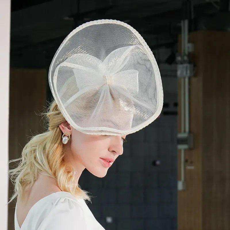 FADVES Elegant White Mesh Fascinator Hat with Bow, Wedding Church Tea Party Headband, Special Occasion Cocktail Headpiece 2334