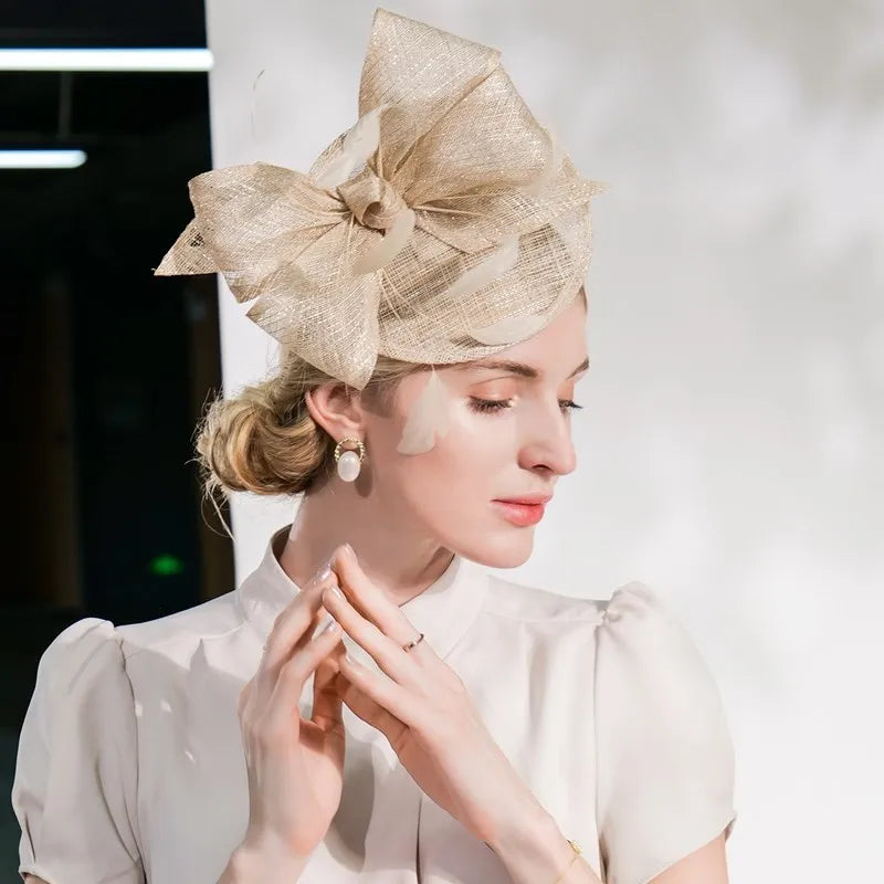 EE 2375  the original design of the new British summer elegant linen shamao homburg female feather hat