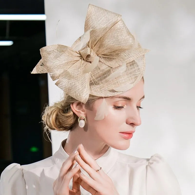 EE 2375  the original design of the new British summer elegant linen shamao homburg female feather hat