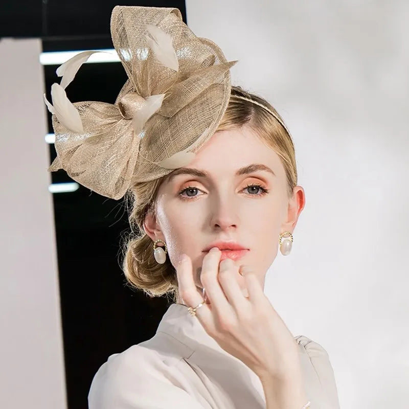 EE 2375  the original design of the new British summer elegant linen shamao homburg female feather hat