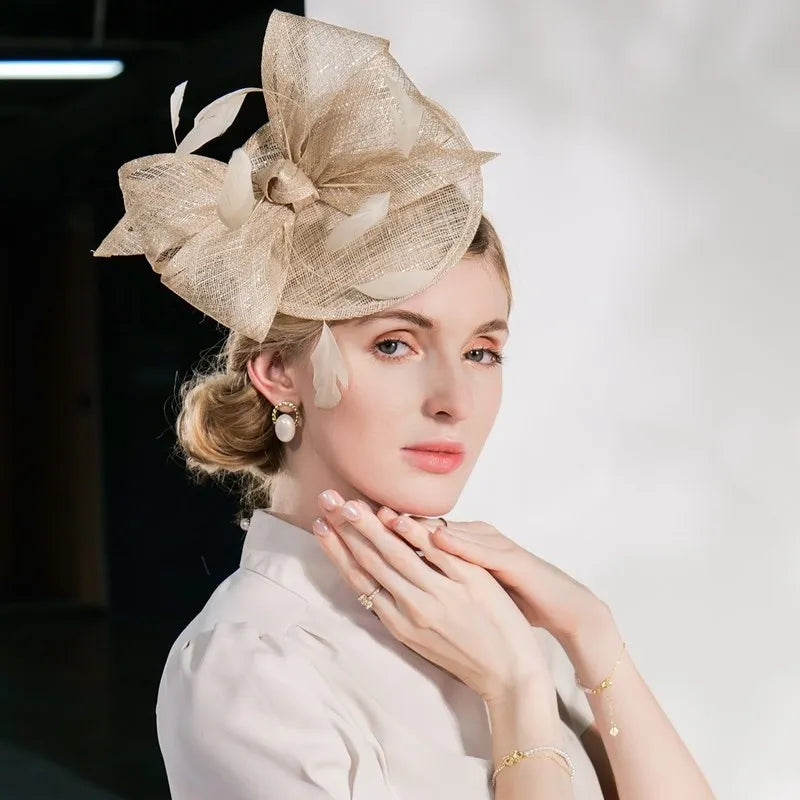 EE 2375  the original design of the new British summer elegant linen shamao homburg female feather hat