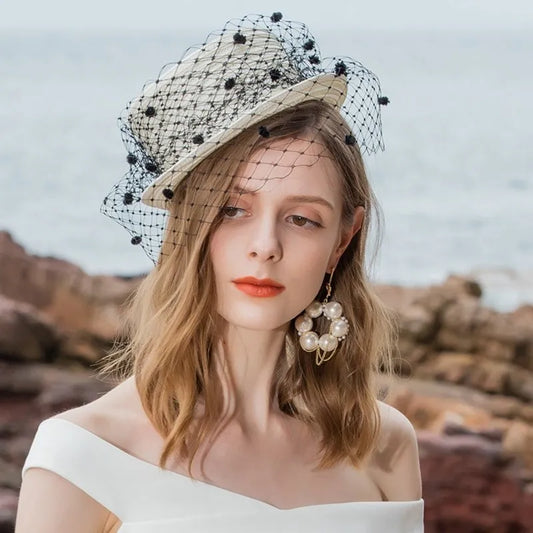 EE 2397  through white gauze plaid restoring ancient ways English jockey club banquet small female summer hat hat