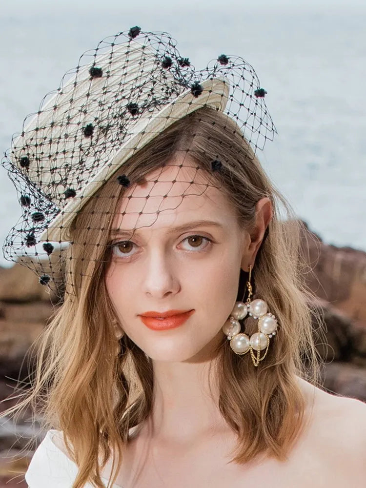 EE 2397  through white gauze plaid restoring ancient ways English jockey club banquet small female summer hat hat
