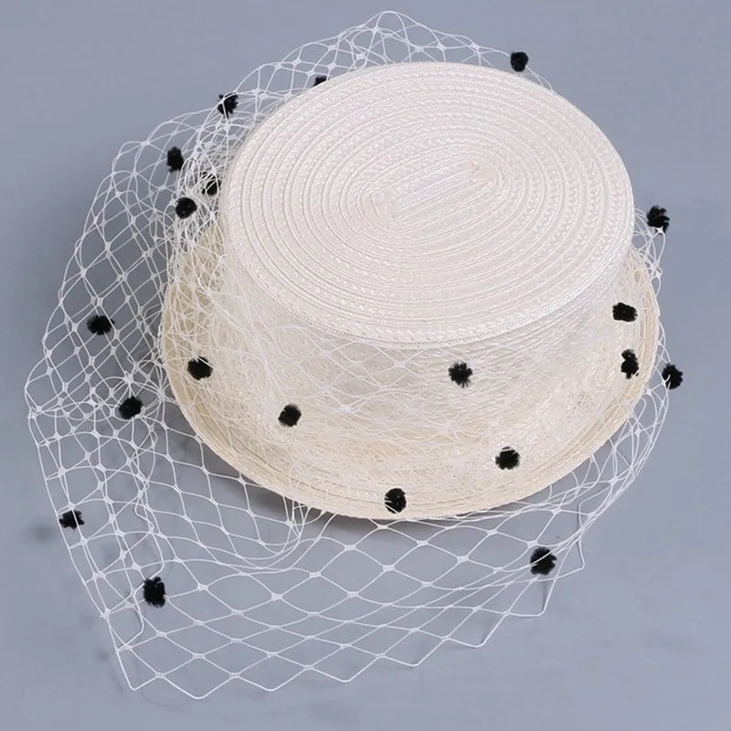 EE 2397  through white gauze plaid restoring ancient ways English jockey club banquet small female summer hat hat