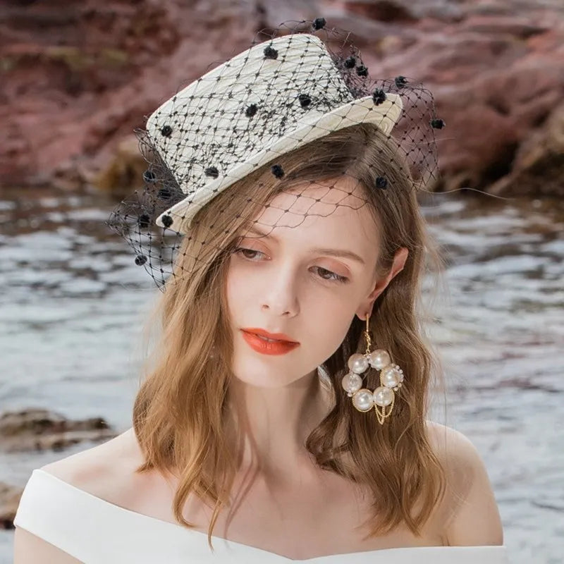 EE 2397  through white gauze plaid restoring ancient ways English jockey club banquet small female summer hat hat