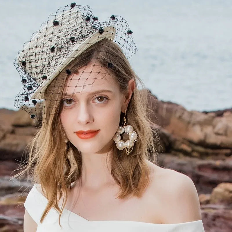 EE 2397  through white gauze plaid restoring ancient ways English jockey club banquet small female summer hat hat